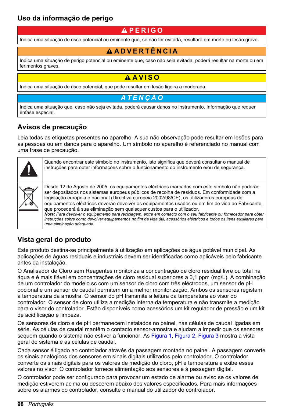 Uso da informação de perigo, Avisos de precaução, Vista geral do produto | Hach-Lange CLT10 sc User Manual | Page 98 / 382