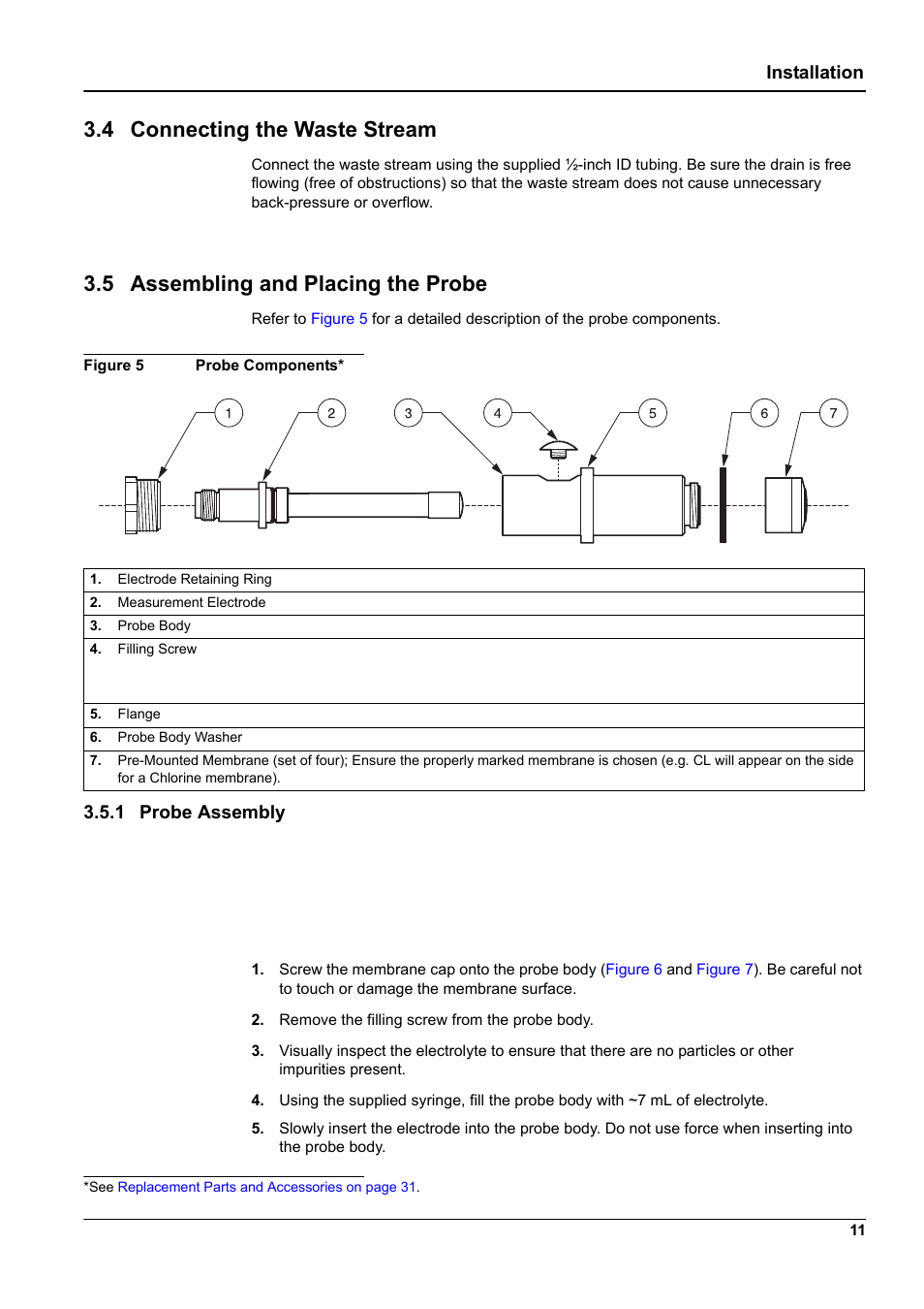 1 probe assembly, Figure 5, 4 connecting the waste stream | 5 assembling and placing the probe, Installation | Hach-Lange 9187 sc User Manual | Page 13 / 50