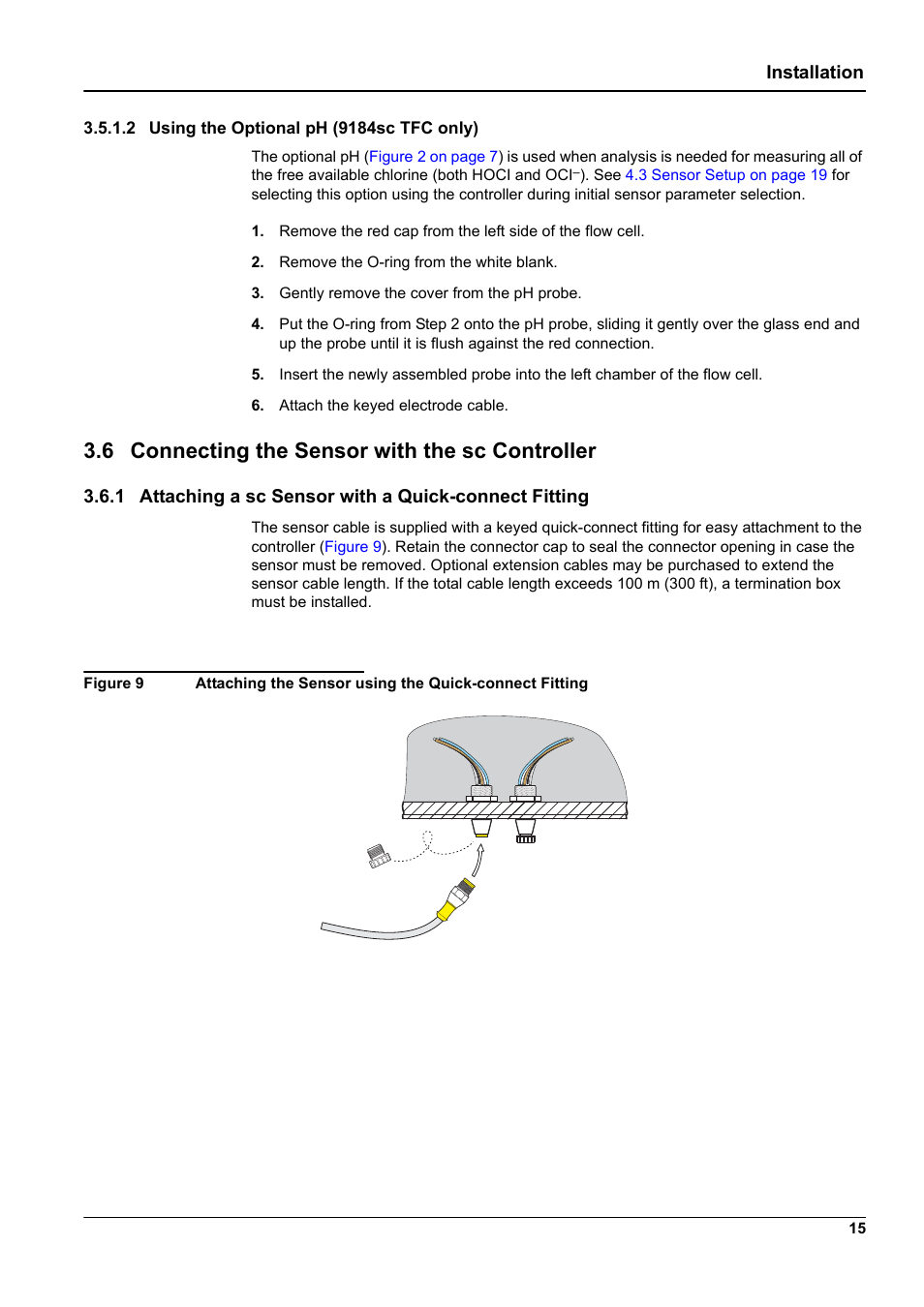 2 using the optional ph (9184sc tfc only), 6 connecting the sensor with the sc controller, Installation | Hach-Lange 9187 sc User Manual | Page 17 / 50