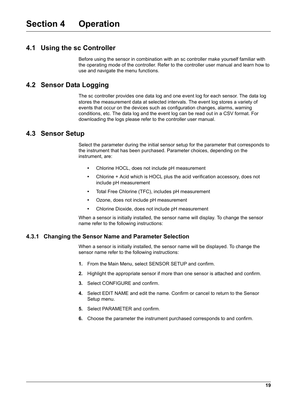 Section 4 operation, 1 changing the sensor name and parameter selection, 3 sensor setup | 1 using the sc controller, 2 sensor data logging | Hach-Lange 9187 sc User Manual | Page 21 / 50