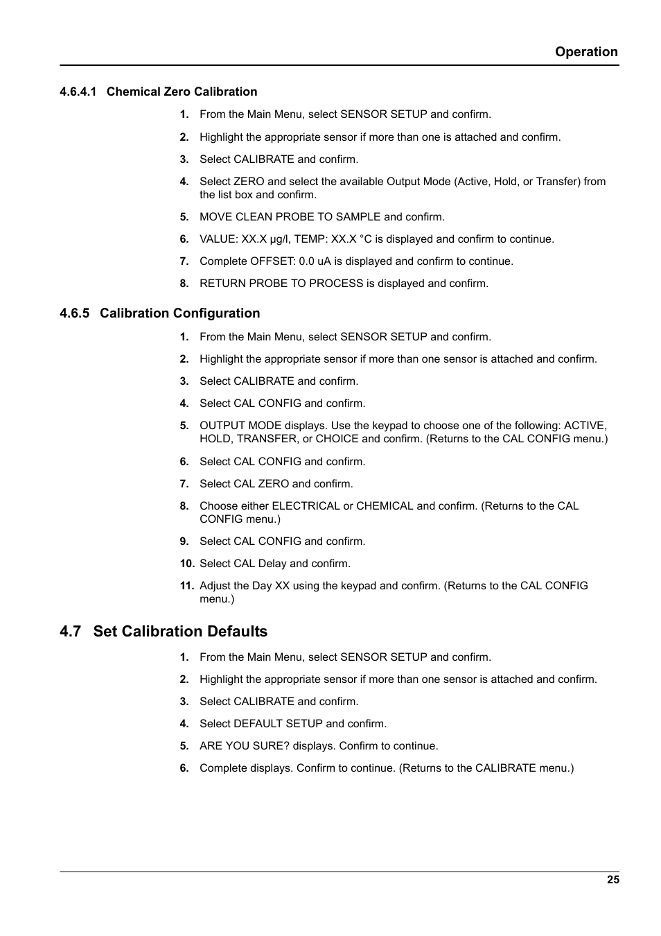 1 chemical zero calibration, 5 calibration configuration, 7 set calibration defaults | Section 4.6.5, Operation | Hach-Lange 9187 sc User Manual | Page 27 / 50