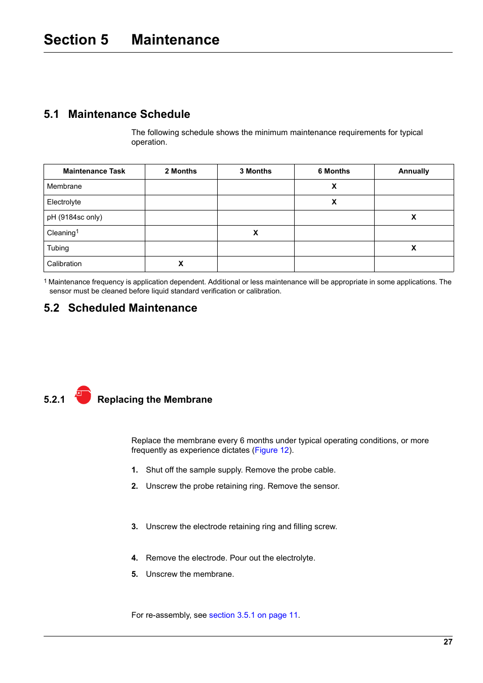 Section 5 maintenance, 1 maintenance schedule 5.2 scheduled maintenance, 1 replacing the membrane | 1 maintenance schedule, 2 scheduled maintenance | Hach-Lange 9187 sc User Manual | Page 29 / 50