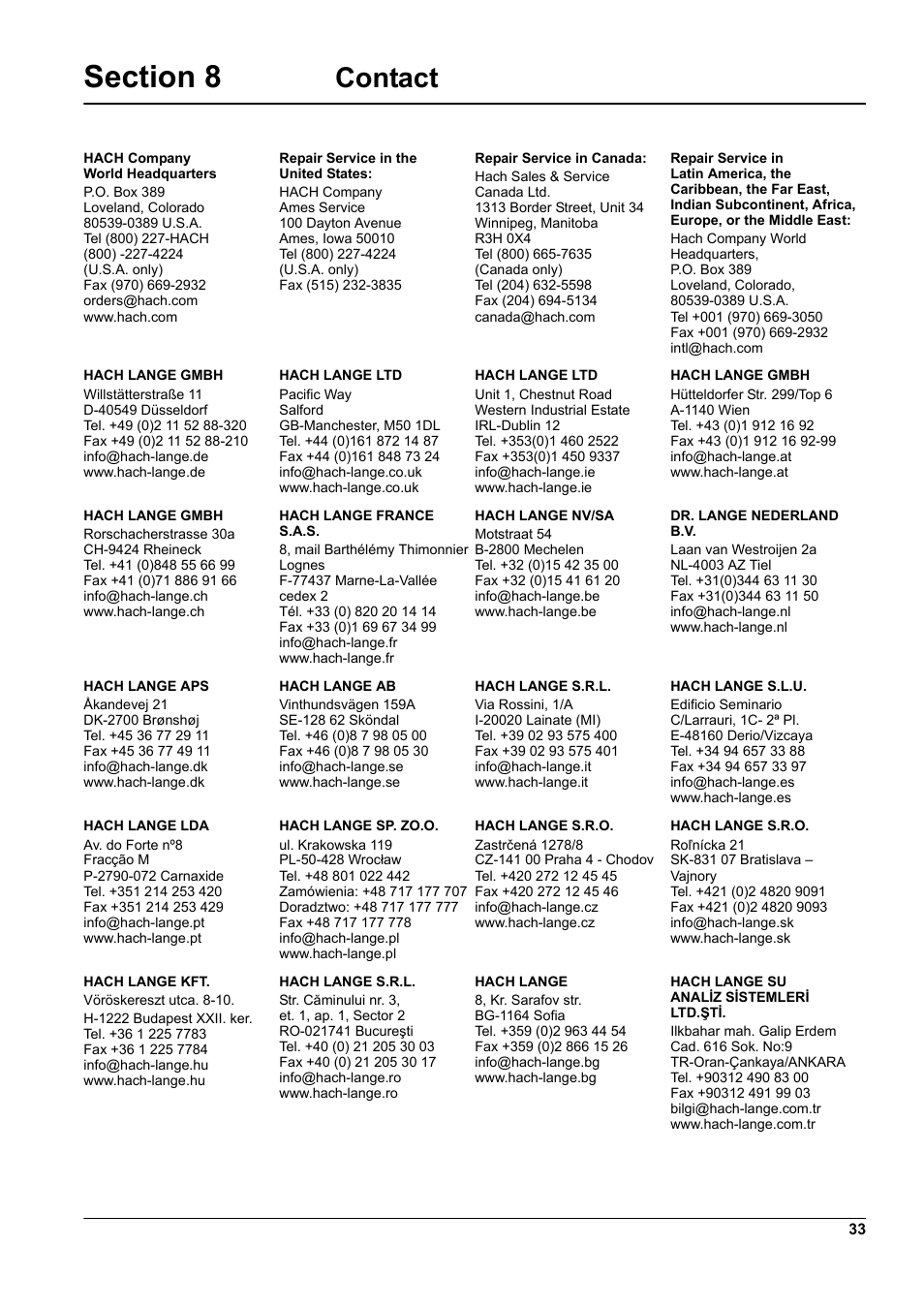 Section 8 contact, Contact | Hach-Lange 9187 sc User Manual | Page 35 / 50