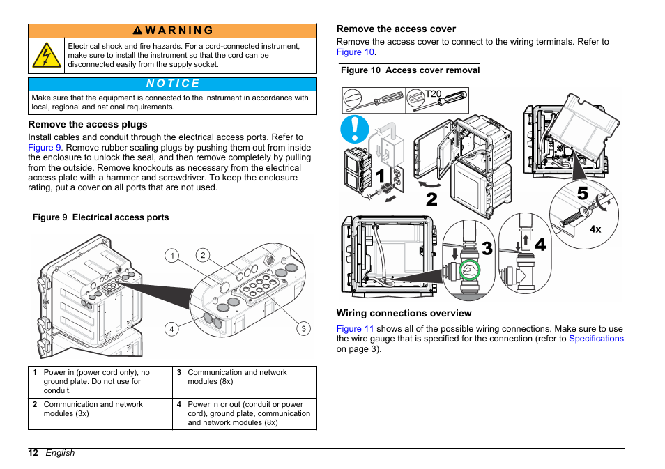 Remove the access plugs, Remove the access cover, Wiring connections overview | Hach-Lange POLYMETRON 9611 sc Installation User Manual | Page 12 / 398