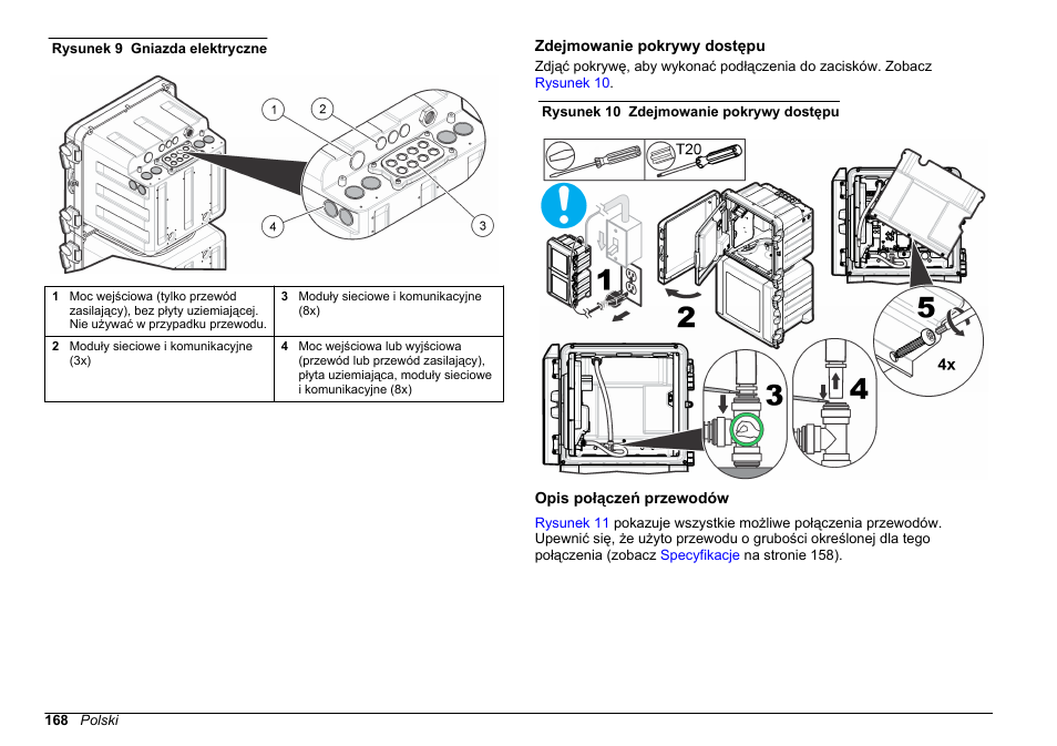 Zdejmowanie pokrywy dostępu, Opis połączeń przewodów | Hach-Lange POLYMETRON 9611 sc Installation User Manual | Page 168 / 398