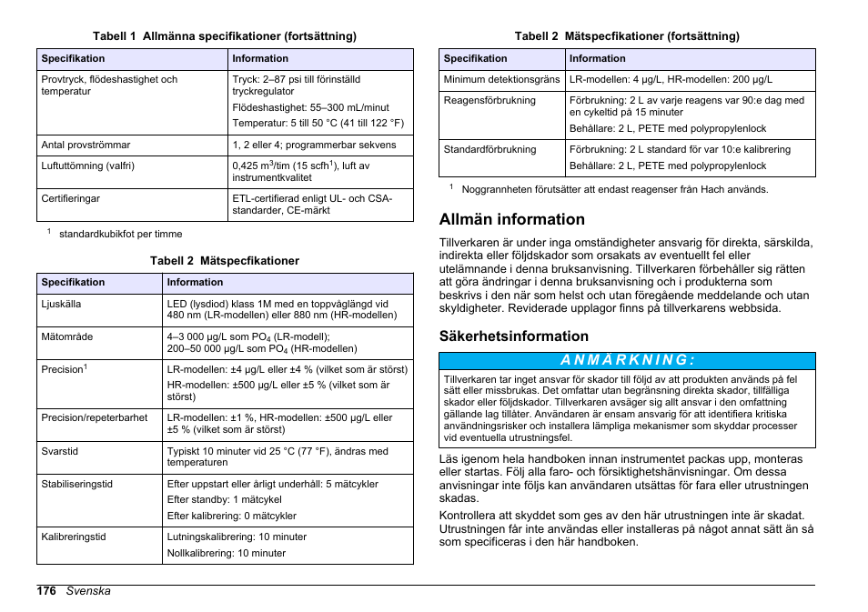 Allmän information, Säkerhetsinformation, På sidan 176 | Hach-Lange POLYMETRON 9611 sc Installation User Manual | Page 176 / 398
