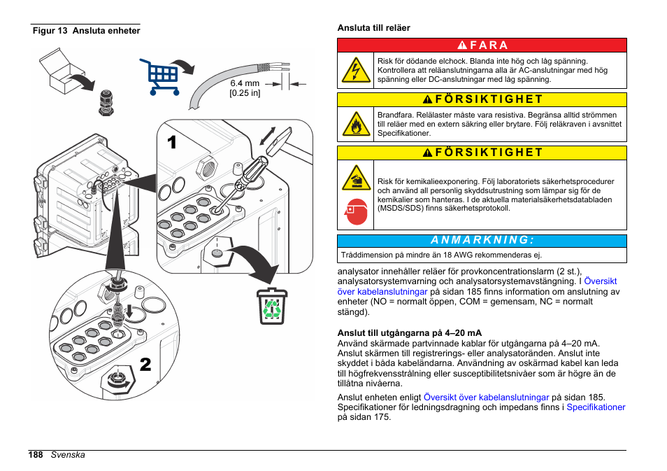 Ansluta till reläer, Anslut till utgångarna på 4‍–‍20 ma, Figur 13 | F a r a | Hach-Lange POLYMETRON 9611 sc Installation User Manual | Page 188 / 398