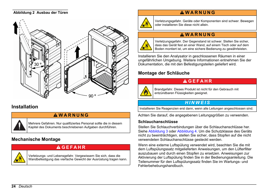 Installation, Mechanische montage, Montage der schläuche | Schlauchanschlüsse, Auf seite 24 | Hach-Lange POLYMETRON 9611 sc Installation User Manual | Page 24 / 398