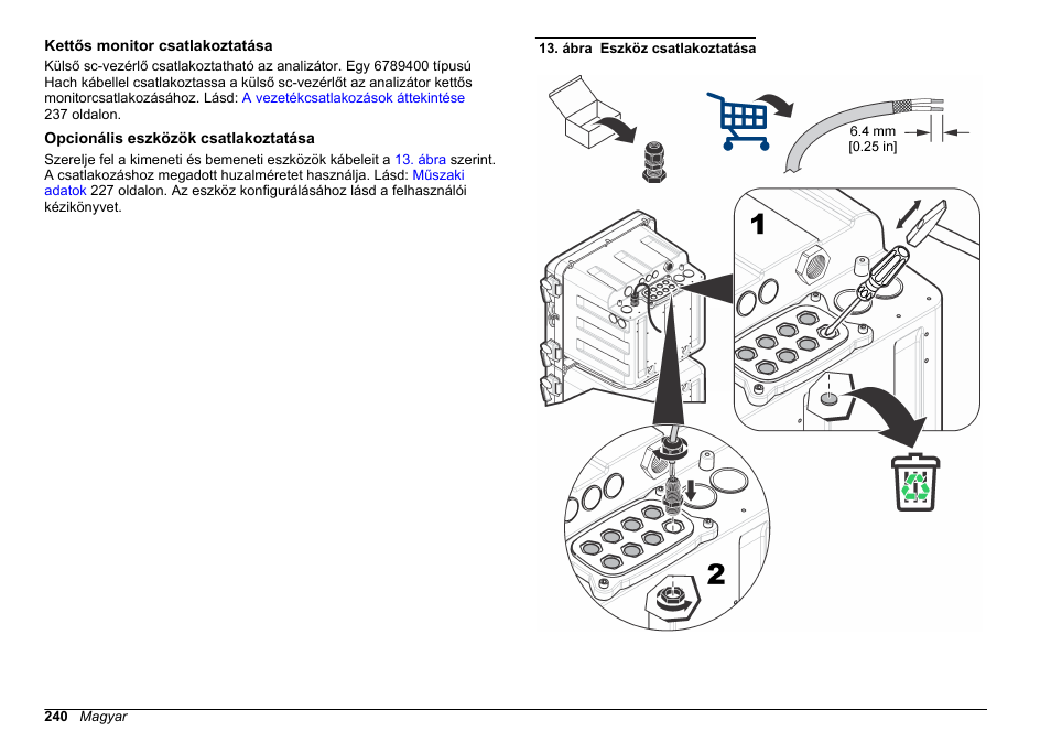 Kettős monitor csatlakoztatása, Opcionális eszközök csatlakoztatása | Hach-Lange POLYMETRON 9611 sc Installation User Manual | Page 240 / 398