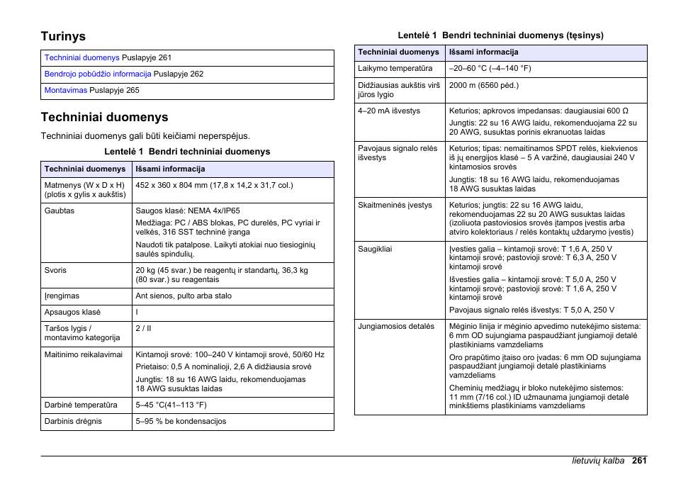 Montavimas, Turinys, Techniniai duomenys | Lietuvių kalba | Hach-Lange POLYMETRON 9611 sc Installation User Manual | Page 261 / 398