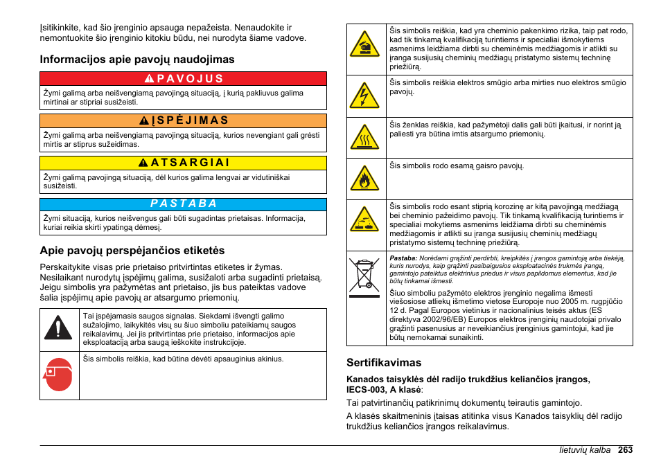 Informacijos apie pavojų naudojimas, Apie pavojų perspėjančios etiketės, Sertifikavimas | Hach-Lange POLYMETRON 9611 sc Installation User Manual | Page 263 / 398