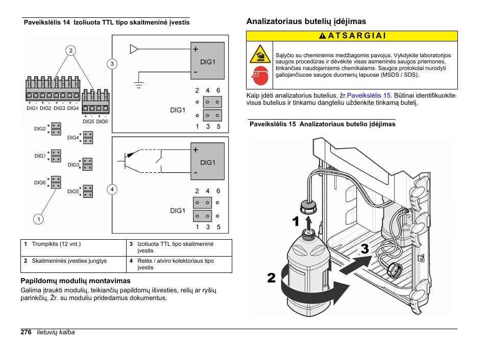 Papildomų modulių montavimas, Analizatoriaus butelių įdėjimas, Paveikslėlis 14 | Hach-Lange POLYMETRON 9611 sc Installation User Manual | Page 276 / 398