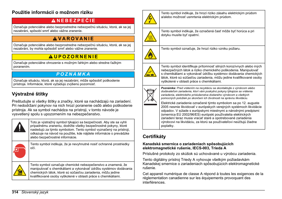 Použitie informácií o možnom riziku, Výstražné štítky, Certifikáty | Hach-Lange POLYMETRON 9611 sc Installation User Manual | Page 314 / 398