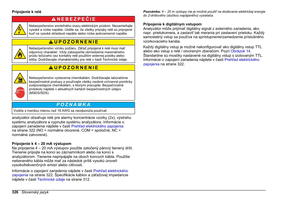 Pripojenie k relé, Pripojenie k 4 ‍–‍ 20 ma výstupom, Pripojenie k digitálnym vstupom | Hach-Lange POLYMETRON 9611 sc Installation User Manual | Page 326 / 398