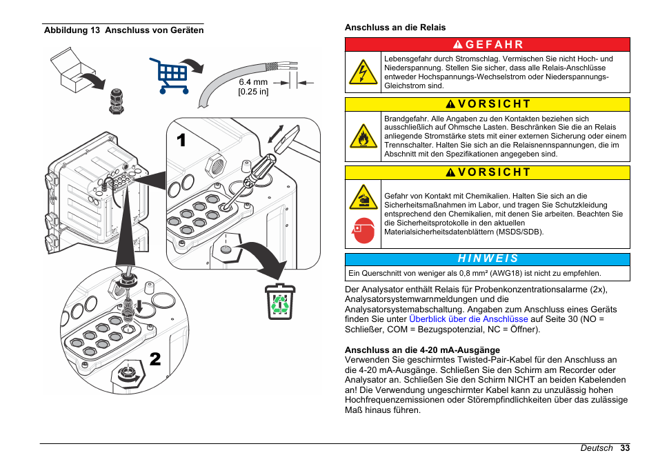 Anschluss an die relais, Anschluss an die 4-20 ma-ausgänge, Abbildung 13 | Hach-Lange POLYMETRON 9611 sc Installation User Manual | Page 33 / 398