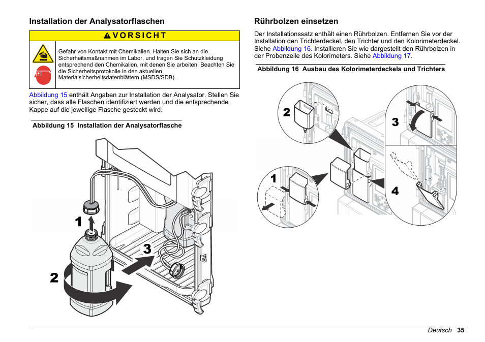 Installation der analysatorflaschen, Rührbolzen einsetzen | Hach-Lange POLYMETRON 9611 sc Installation User Manual | Page 35 / 398