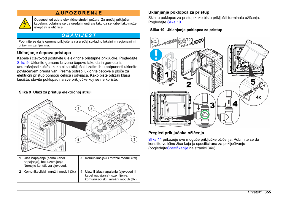 Uklanjanje čepova pristupa, Uklanjanje poklopca za pristup, Pregled priključaka ožičenja | Hach-Lange POLYMETRON 9611 sc Installation User Manual | Page 355 / 398