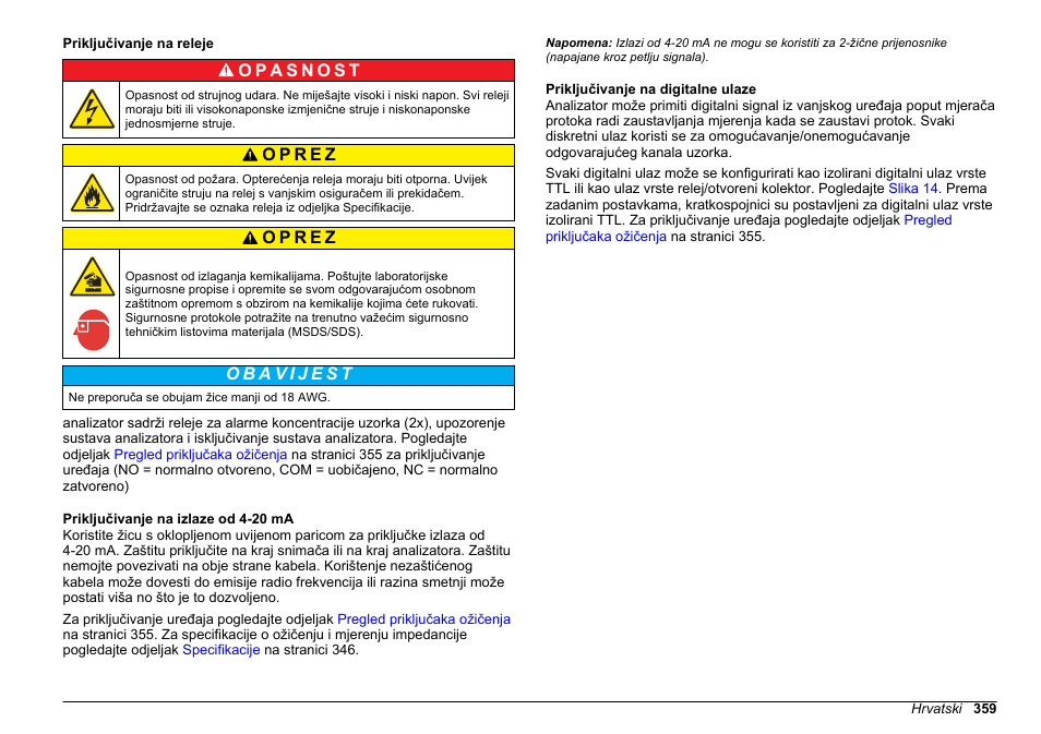 Priključivanje na releje, Priključivanje na izlaze od 4-20 ma, Priključivanje na digitalne ulaze | Hach-Lange POLYMETRON 9611 sc Installation User Manual | Page 359 / 398