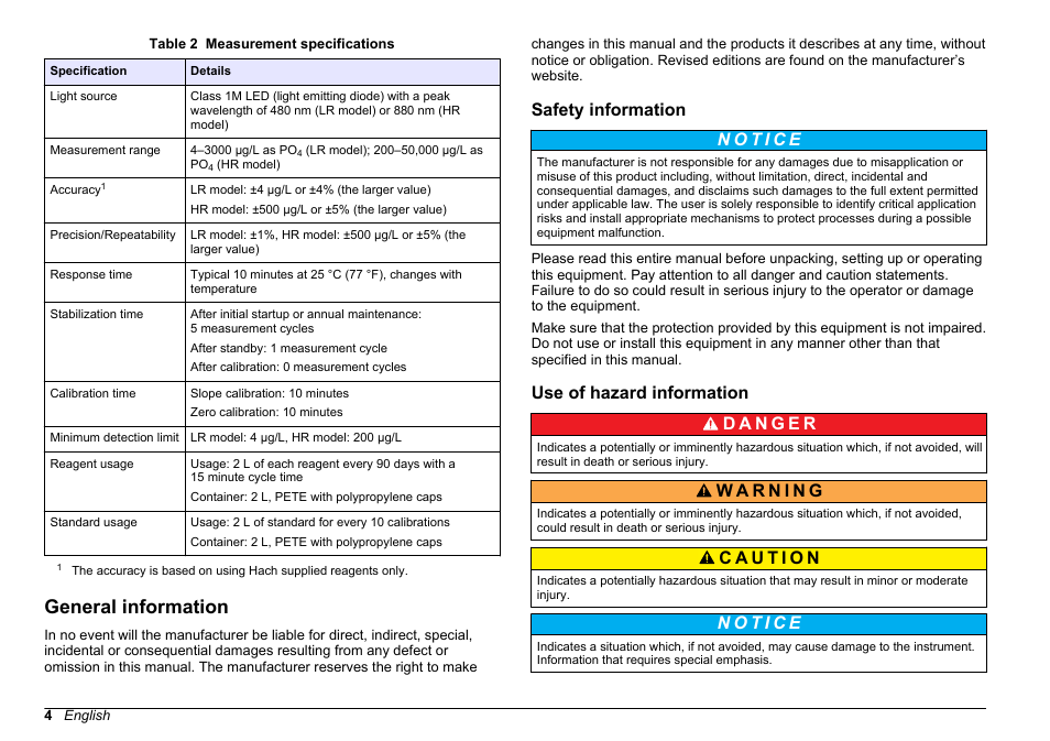 General information, Safety information, Use of hazard information | Hach-Lange POLYMETRON 9611 sc Installation User Manual | Page 4 / 398
