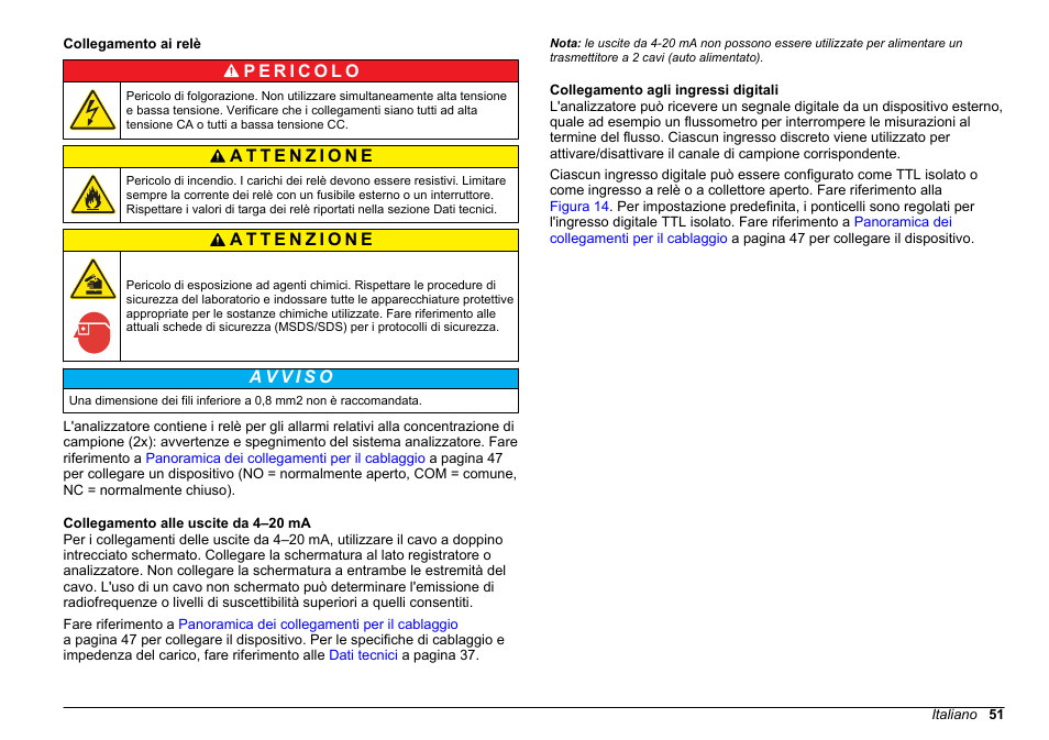 Collegamento ai relè, Collegamento alle uscite da 4‍–‍20 ma, Collegamento agli ingressi digitali | Hach-Lange POLYMETRON 9611 sc Installation User Manual | Page 51 / 398