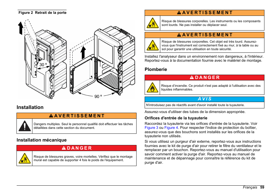 Installation, Installation mécanique, Plomberie | Orifices d'entrée de la tuyauterie, Figure 2 | Hach-Lange POLYMETRON 9611 sc Installation User Manual | Page 59 / 398