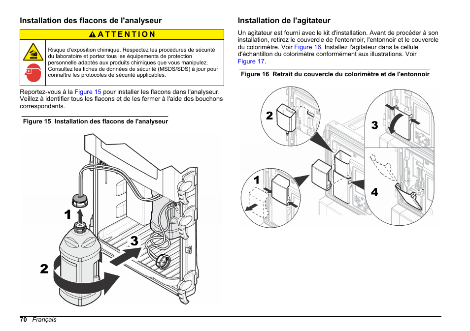 Installation des flacons de l'analyseur, Installation de l'agitateur | Hach-Lange POLYMETRON 9611 sc Installation User Manual | Page 70 / 398
