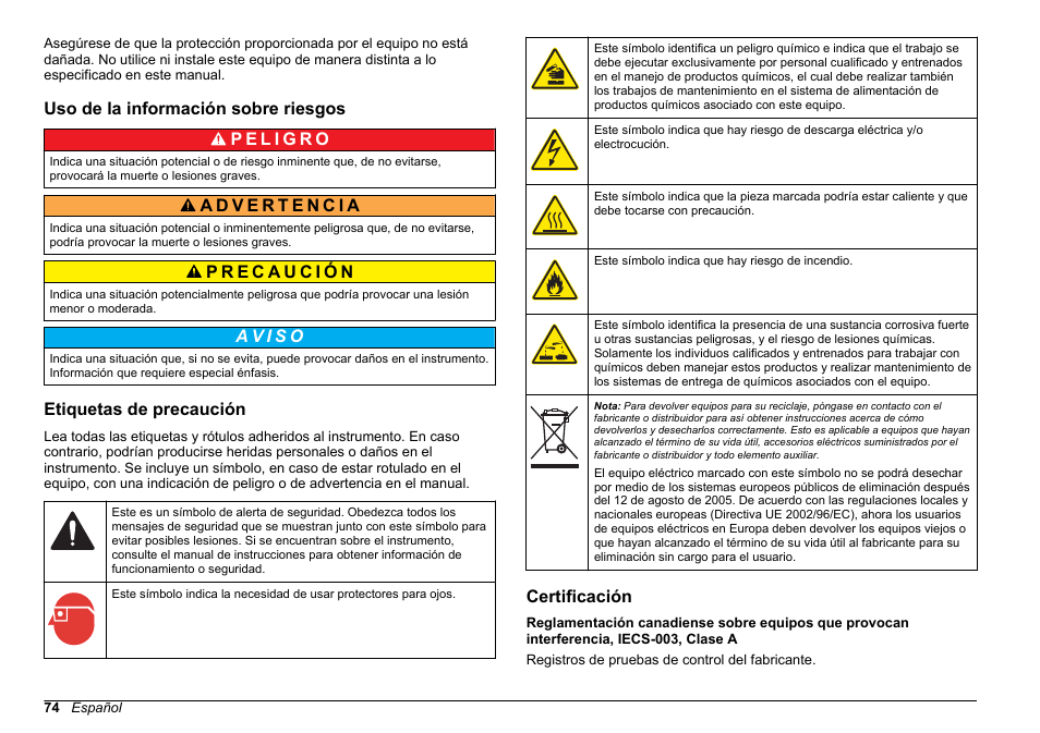 Uso de la información sobre riesgos, Etiquetas de precaución, Certificación | Hach-Lange POLYMETRON 9611 sc Installation User Manual | Page 74 / 398