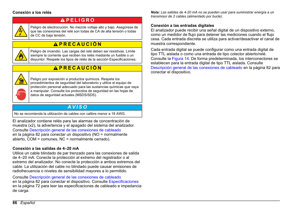 Conexión a los relés, Conexión a las salidas de 4‍–‍20 ma, Conexión a las entradas digitales | Hach-Lange POLYMETRON 9611 sc Installation User Manual | Page 86 / 398