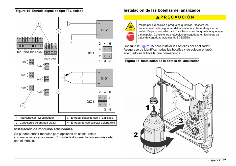 Instalación de módulos adicionales, Instalación de las botellas del analizador, Figura 14 | De forma predeterminada, los interconectores se | Hach-Lange POLYMETRON 9611 sc Installation User Manual | Page 87 / 398