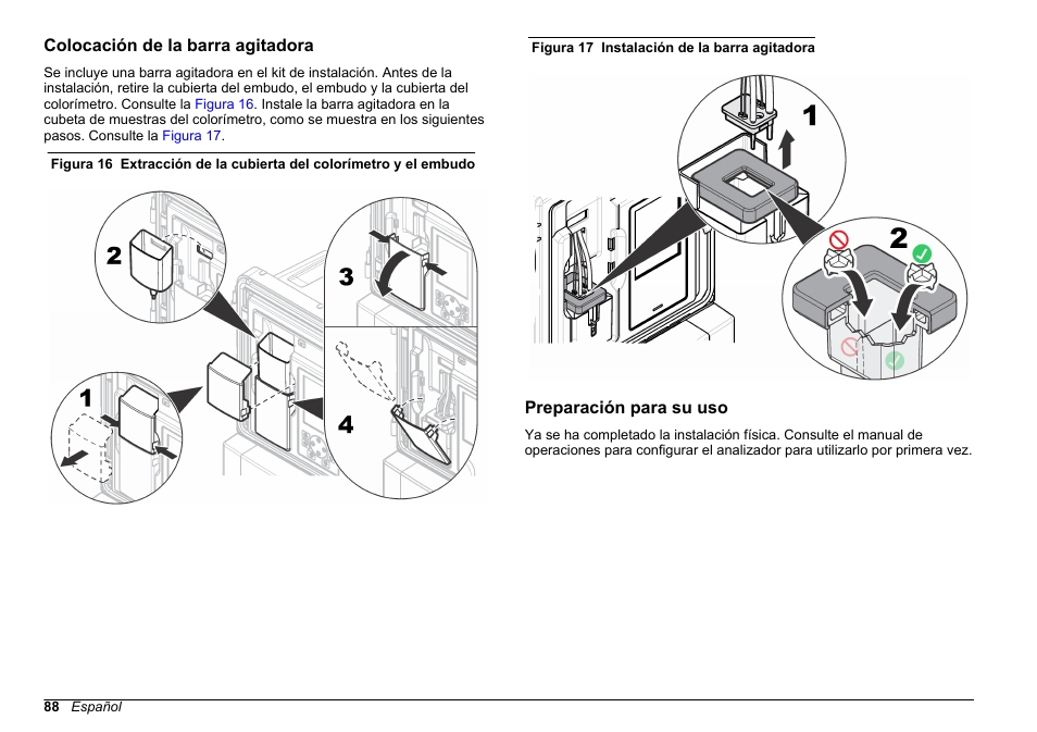 Colocación de la barra agitadora, Preparación para su uso | Hach-Lange POLYMETRON 9611 sc Installation User Manual | Page 88 / 398
