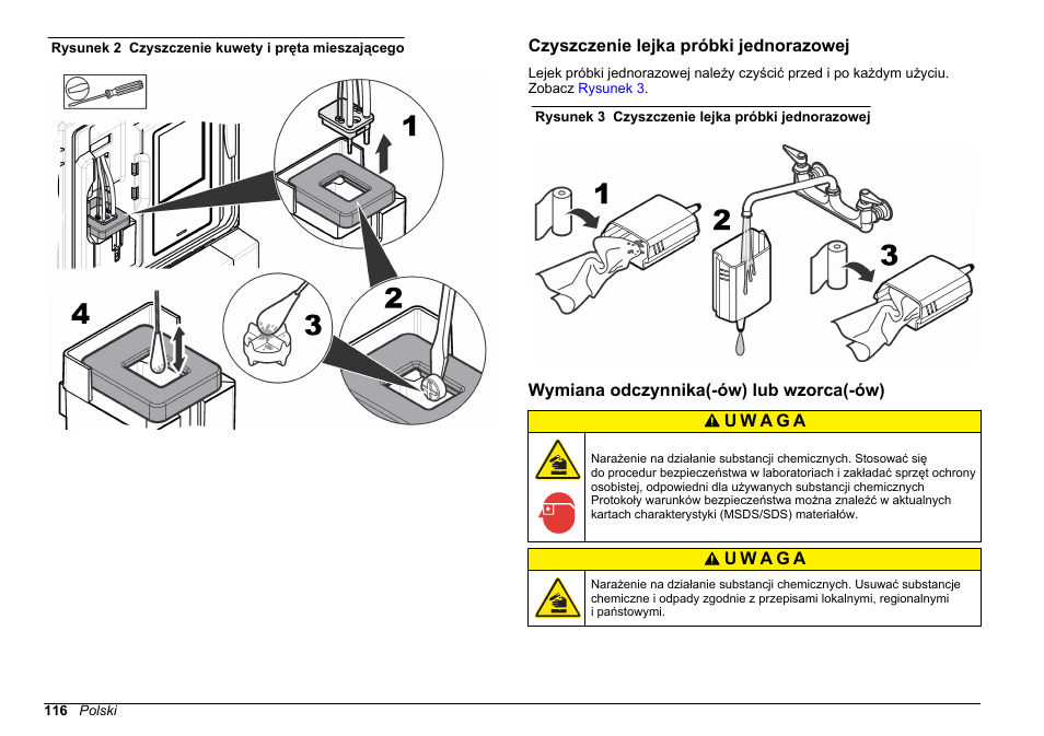 Czyszczenie lejka próbki jednorazowej, Wymiana odczynnika(-ów) lub wzorca(-ów), Wymiana odczynnika(-ów) lub | Wzorca(-ów), Na stronie, Wymiana wzorców, Wymiana, Odczynnika(-ów) lub wzorca(- ów), Na stronie 116, Rysunek 2 | Hach-Lange POLYMETRON 9611 sc Maintenance and Troubleshooting User Manual | Page 116 / 286