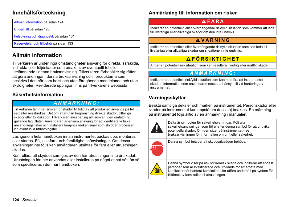 Underhåll och felsökning, Innehållsförteckning, Allmän information | Säkerhetsinformation, Anmärkning till information om risker, Varningsskyltar, Svenska | Hach-Lange POLYMETRON 9611 sc Maintenance and Troubleshooting User Manual | Page 124 / 286