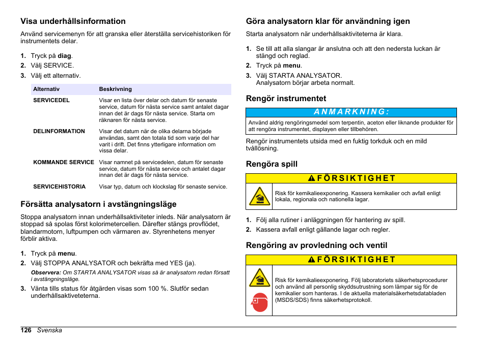 Visa underhållsinformation, Försätta analysatorn i avstängningsläge, Göra analysatorn klar för användning igen | Rengör instrumentet, Rengöra spill, Rengöring av provledning och ventil | Hach-Lange POLYMETRON 9611 sc Maintenance and Troubleshooting User Manual | Page 126 / 286