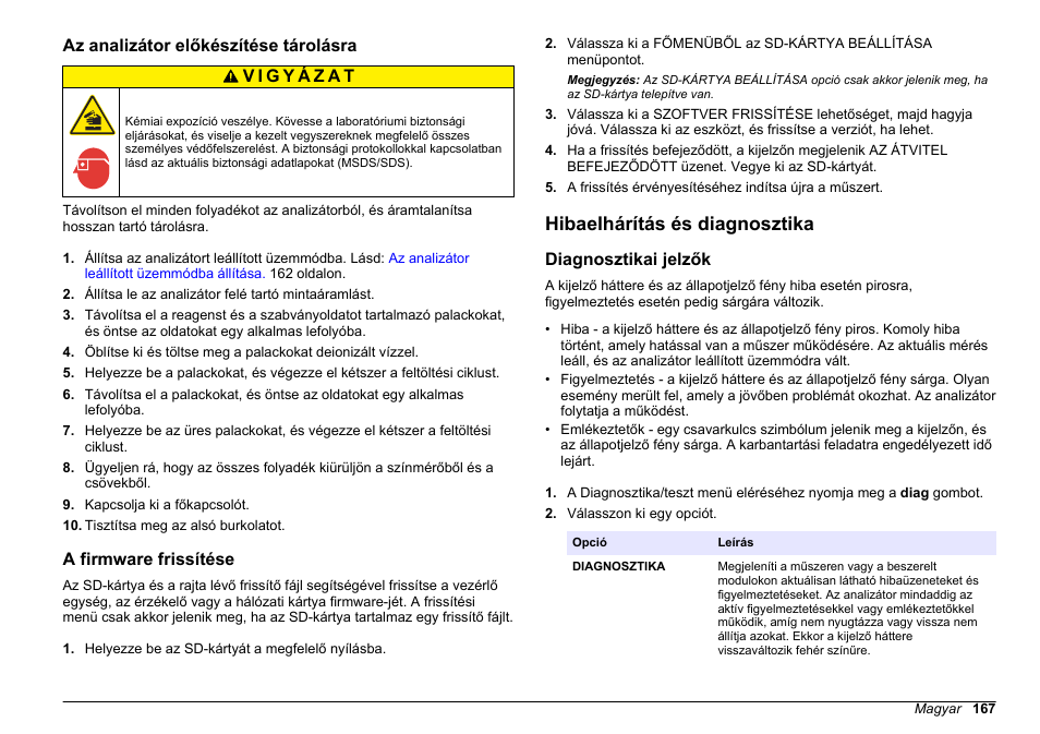Az analizátor előkészítése tárolásra, A firmware frissítése, Hibaelhárítás és diagnosztika | Diagnosztikai jelzők | Hach-Lange POLYMETRON 9611 sc Maintenance and Troubleshooting User Manual | Page 167 / 286