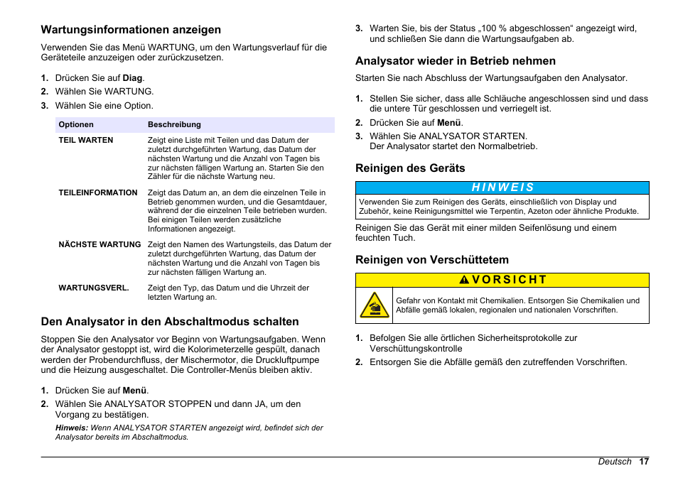 Wartungsinformationen anzeigen, Den analysator in den abschaltmodus schalten, Analysator wieder in betrieb nehmen | Reinigen des geräts, Reinigen von verschüttetem, Oberflächen, Reinigen des, Geräts | Hach-Lange POLYMETRON 9611 sc Maintenance and Troubleshooting User Manual | Page 17 / 286