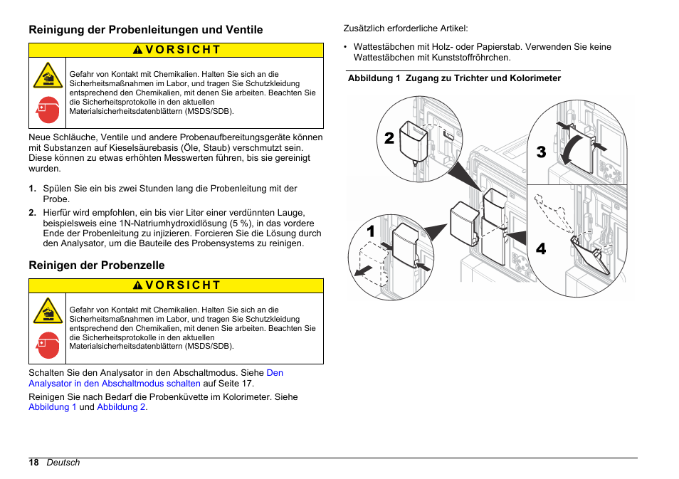 Reinigung der probenleitungen und ventile, Reinigen der probenzelle | Hach-Lange POLYMETRON 9611 sc Maintenance and Troubleshooting User Manual | Page 18 / 286