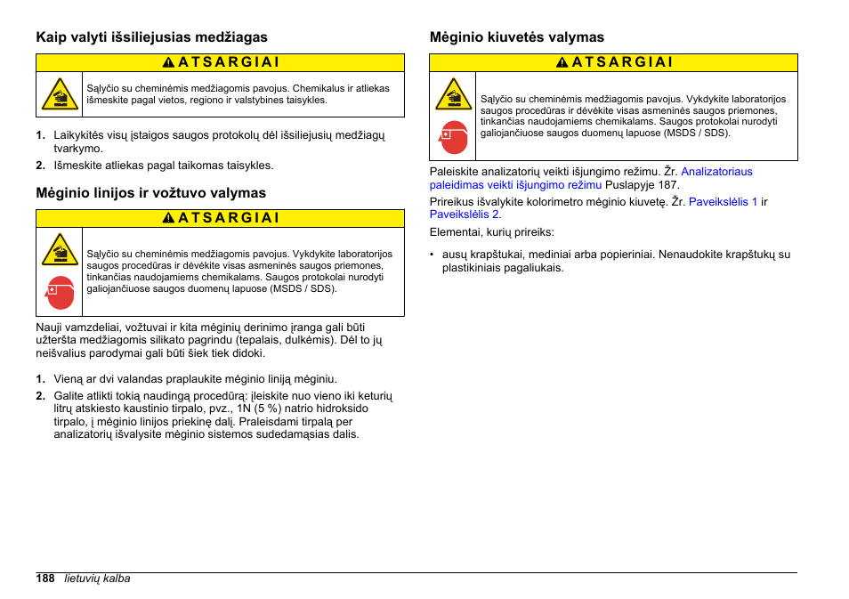 Kaip valyti išsiliejusias medžiagas, Mėginio linijos ir vožtuvo valymas, Mėginio kiuvetės valymas | Mėginio, Kiuvetės valymas | Hach-Lange POLYMETRON 9611 sc Maintenance and Troubleshooting User Manual | Page 188 / 286