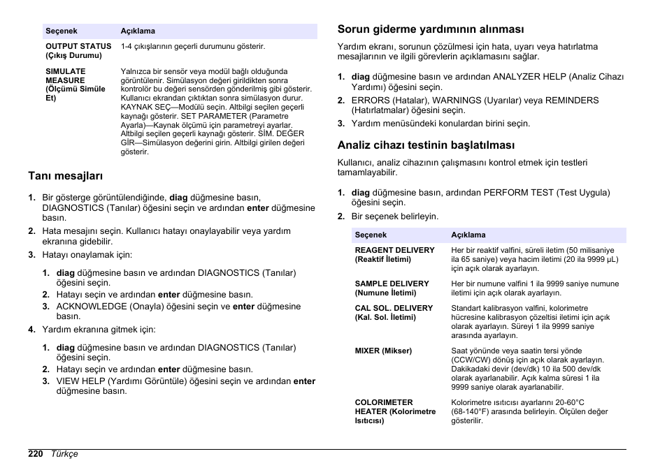 Tanı mesajları, Sorun giderme yardımının alınması, Analiz cihazı testinin başlatılması | Için bkz, Sayfa 220 | Hach-Lange POLYMETRON 9611 sc Maintenance and Troubleshooting User Manual | Page 220 / 286