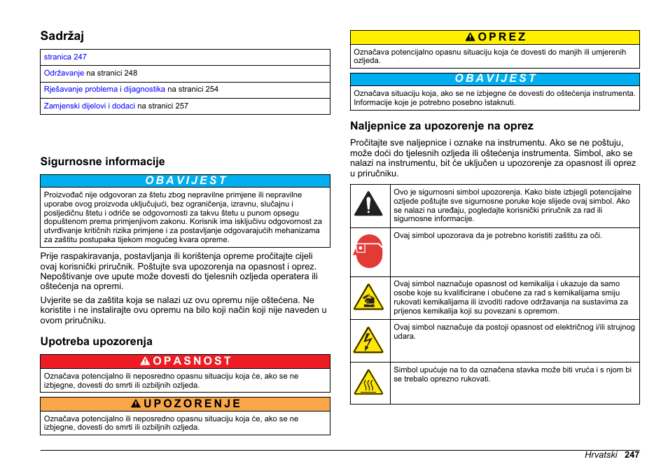 Održavanje i rješavanje problema, Sadržaj, Sigurnosne informacije | Upotreba upozorenja, Naljepnice za upozorenje na oprez, Hrvatski | Hach-Lange POLYMETRON 9611 sc Maintenance and Troubleshooting User Manual | Page 247 / 286