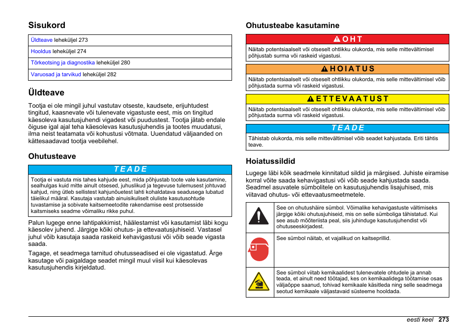 Hooldus ja tõrkeotsing, Sisukord, Üldteave | Ohutusteave, Ohutusteabe kasutamine, Hoiatussildid, Eesti keel | Hach-Lange POLYMETRON 9611 sc Maintenance and Troubleshooting User Manual | Page 273 / 286