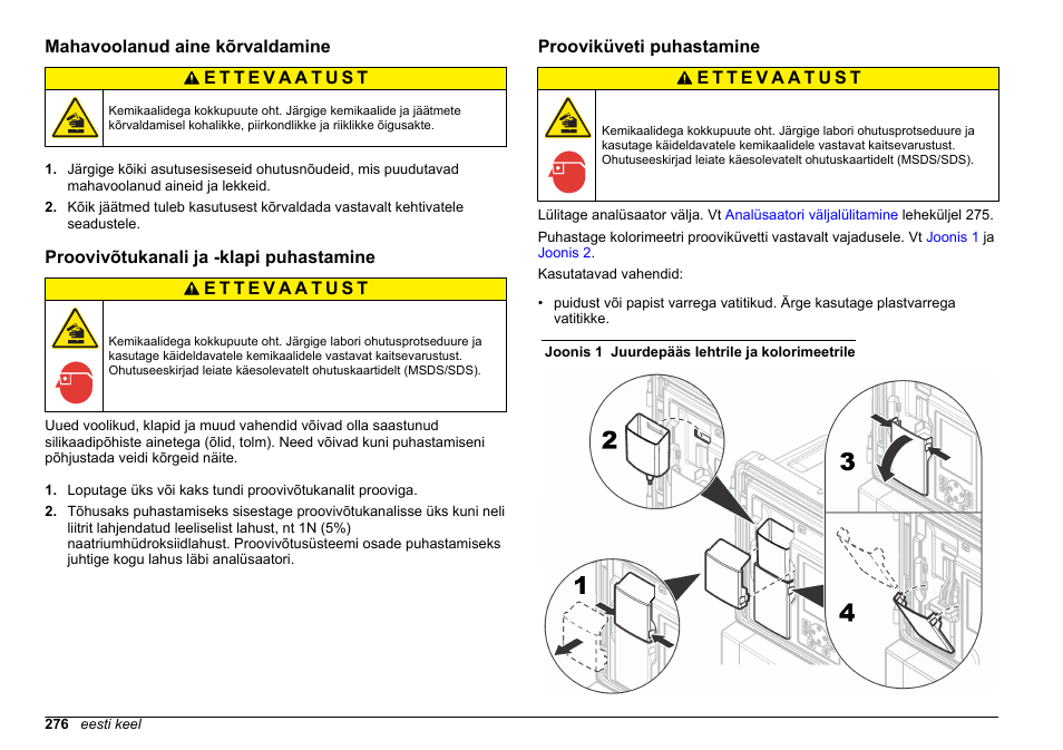 Mahavoolanud aine kõrvaldamine, Proovivõtukanali ja -klapi puhastamine, Prooviküveti puhastamine | Prooviküveti, Puhastamine | Hach-Lange POLYMETRON 9611 sc Maintenance and Troubleshooting User Manual | Page 276 / 286