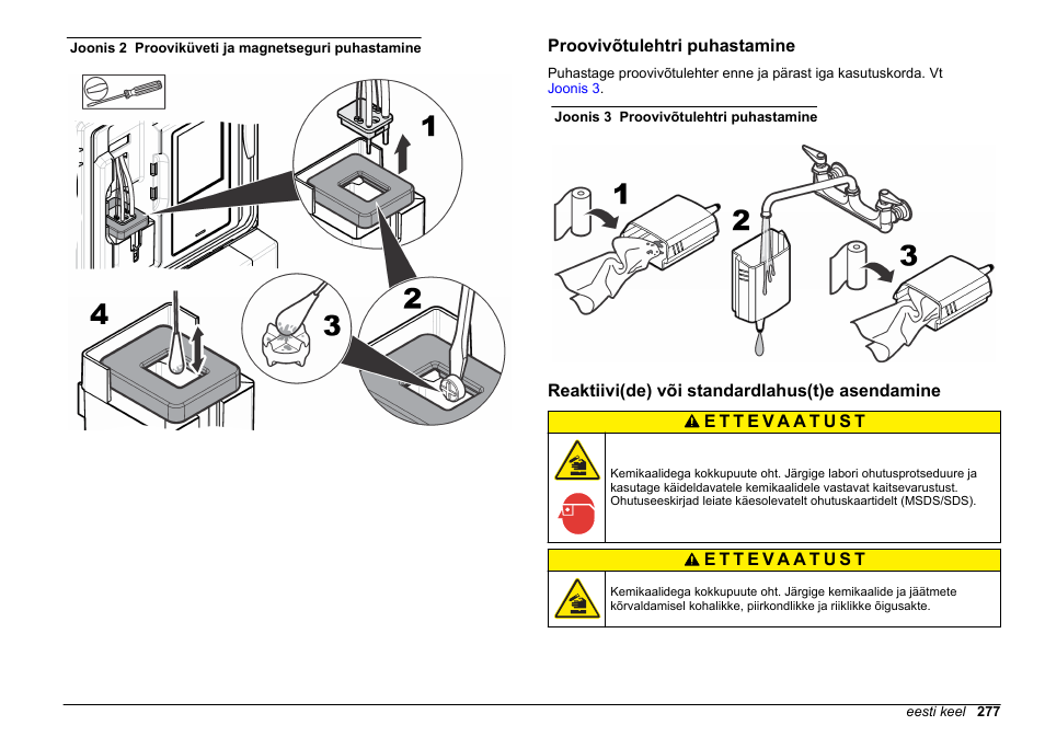 Proovivõtulehtri puhastamine, Reaktiivi(de) või standardlahus(t)e asendamine, Reaktiivi(de) või | Standardlahus(t)e asendamine, Joonis 2 | Hach-Lange POLYMETRON 9611 sc Maintenance and Troubleshooting User Manual | Page 277 / 286