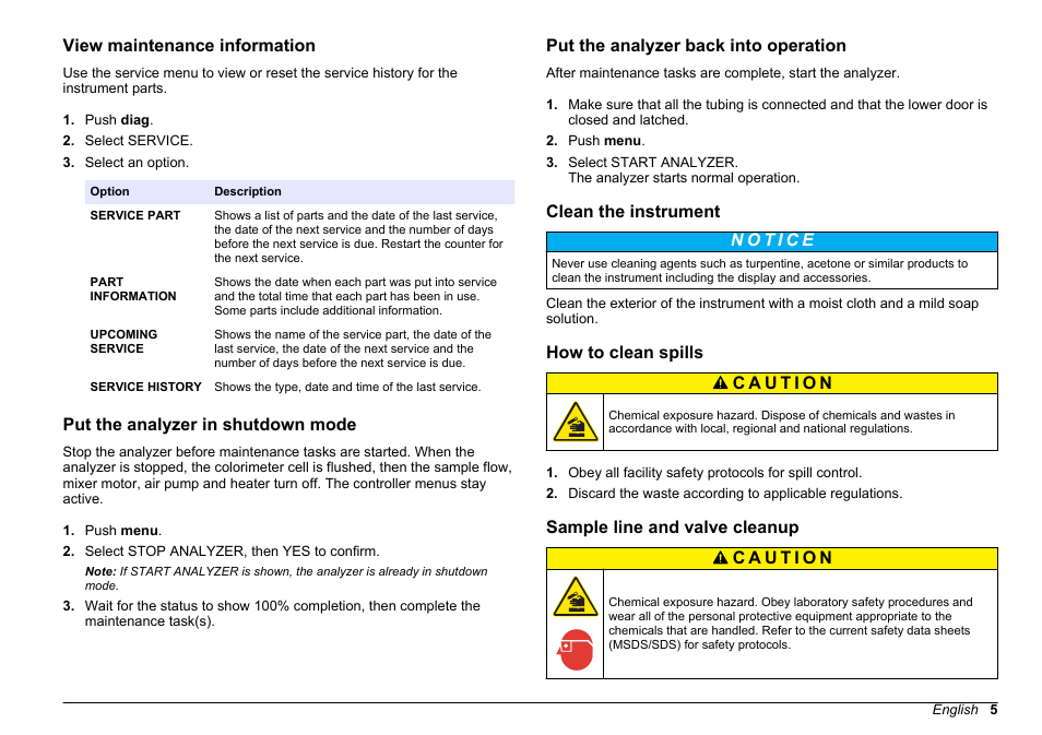 View maintenance information, Put the analyzer in shutdown mode, Put the analyzer back into operation | Clean the instrument, How to clean spills, Sample line and valve cleanup | Hach-Lange POLYMETRON 9611 sc Maintenance and Troubleshooting User Manual | Page 5 / 286