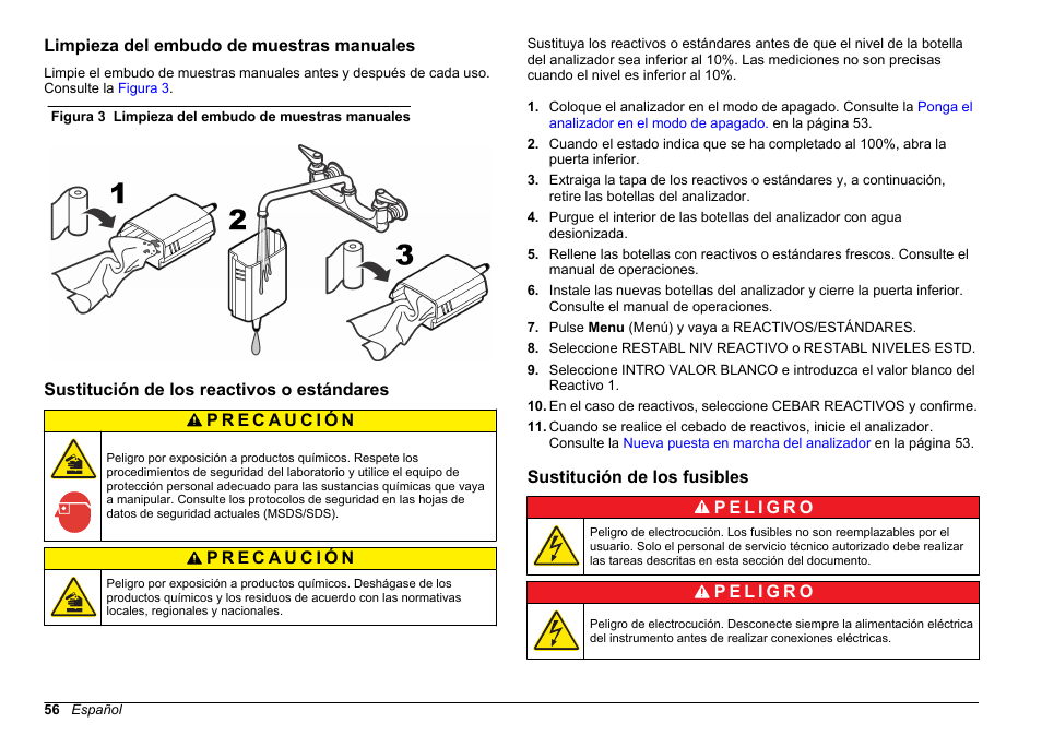 Limpieza del embudo de muestras manuales, Sustitución de los reactivos o estándares, Sustitución de los fusibles | Sustitución de los reactivos o, Estándares | Hach-Lange POLYMETRON 9611 sc Maintenance and Troubleshooting User Manual | Page 56 / 286