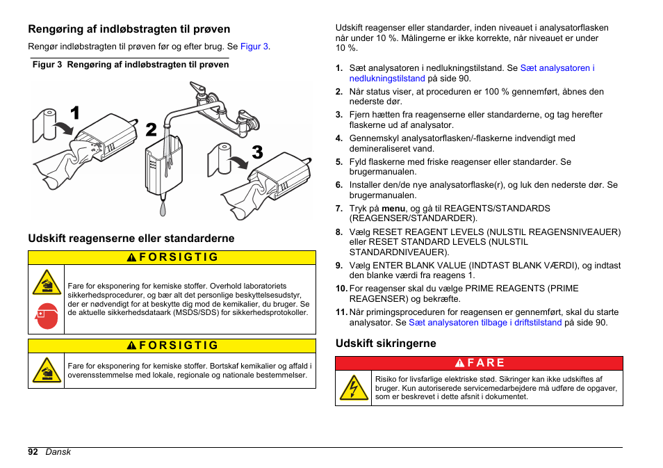 Rengøring af indløbstragten til prøven, Udskift reagenserne eller standarderne, Udskift sikringerne | Udskift reagenserne eller, Standarderne, På side | Hach-Lange POLYMETRON 9611 sc Maintenance and Troubleshooting User Manual | Page 92 / 286