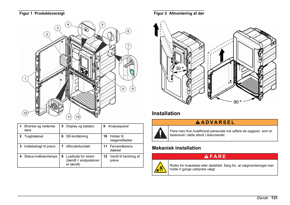 Installation, Mekanisk installation, På side | Figur 1, Afmonteres for nemmere adgang. se, Figur 2 | Hach-Lange HACH 5500 sc Installation User Manual | Page 131 / 408