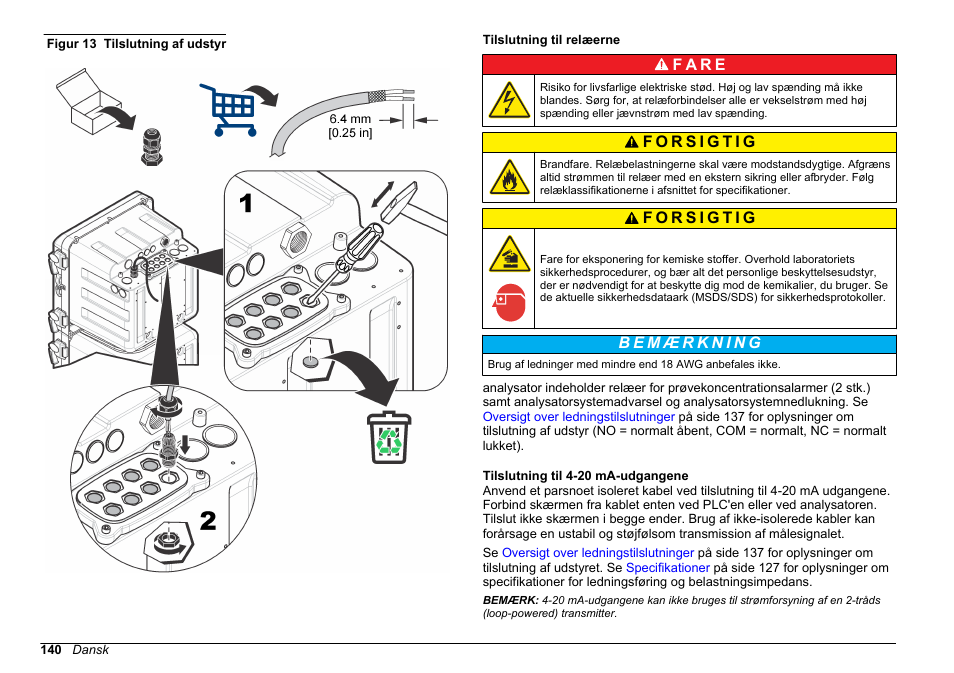 Tilslutning til relæerne, Tilslutning til 4-20 ma-udgangene, Figur 13 | F a r e | Hach-Lange HACH 5500 sc Installation User Manual | Page 140 / 408