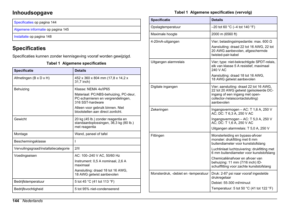 Installatie, Inhoudsopgave, Specificaties | Nederlands | Hach-Lange HACH 5500 sc Installation User Manual | Page 144 / 408