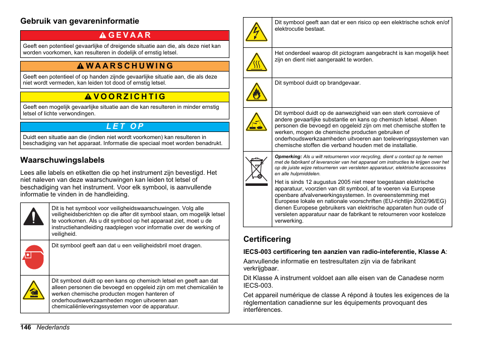Gebruik van gevareninformatie, Waarschuwingslabels, Certificering | Hach-Lange HACH 5500 sc Installation User Manual | Page 146 / 408