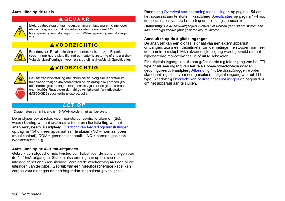 Aansluiten op de relais, Aansluiten op de 4‍–‍20ma-uitgangen, Aansluiten op de digitale ingangen | Hach-Lange HACH 5500 sc Installation User Manual | Page 158 / 408